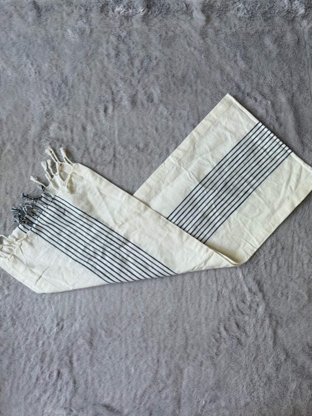 Hearth & Hand Cream and Navy Striped Table Runner with Fringe